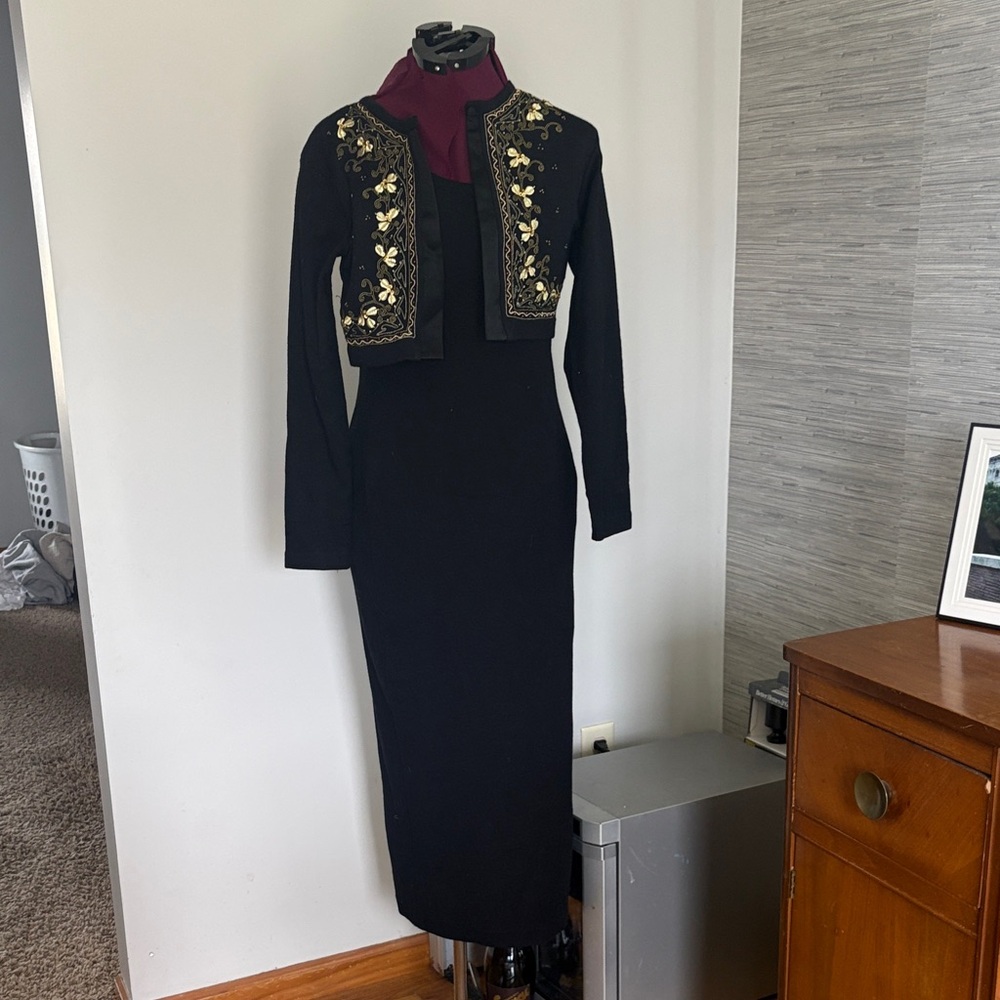 Vintage Carole Little Wool Blend Black Long Sleeve Embroidered Jacket Dress (S)